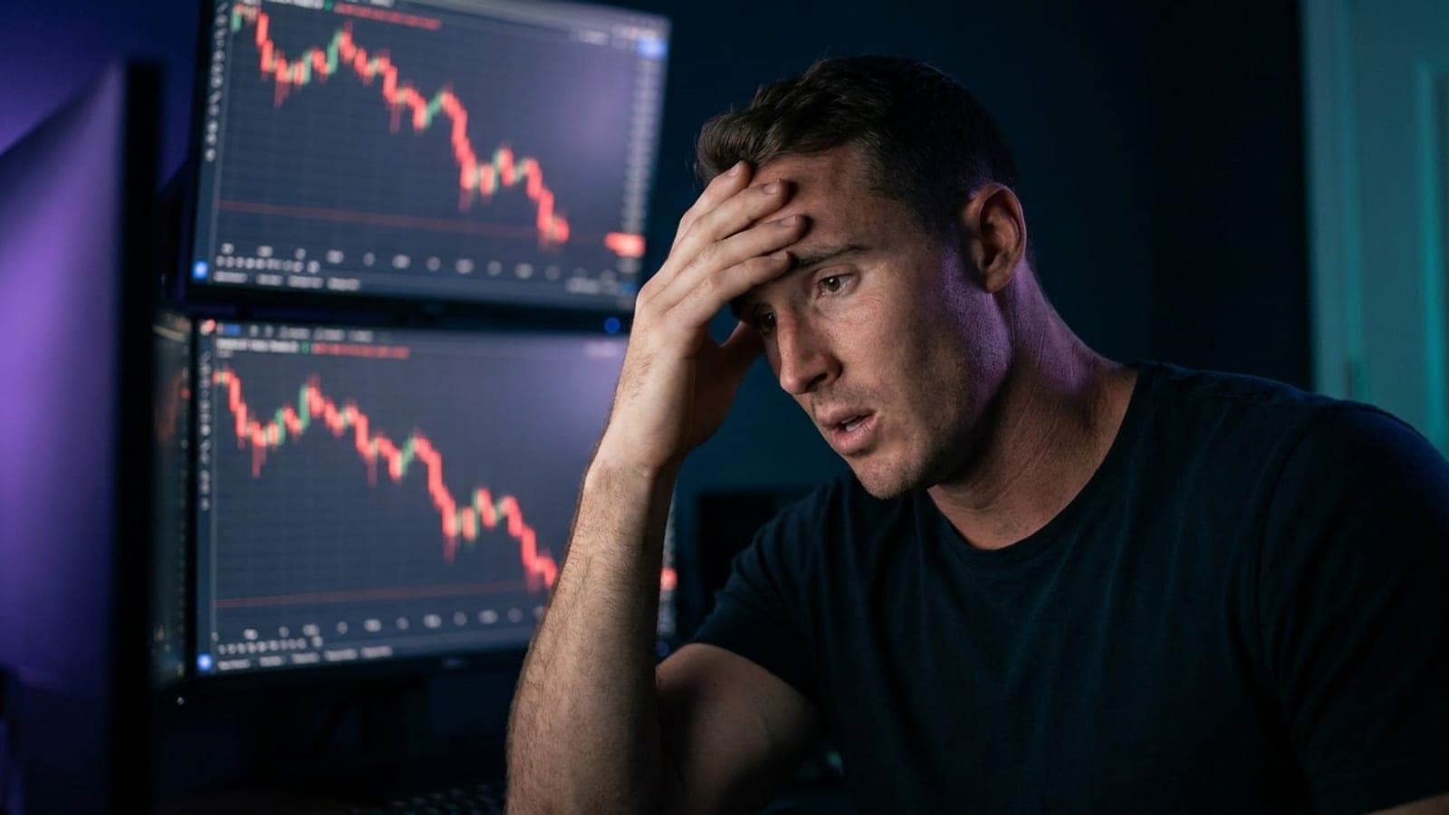 A trader mid-tilt at his desk at night, hand pressed to his forehead, monitors showing red declining charts